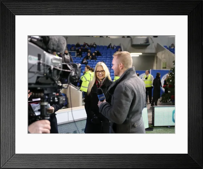 Framed Print : A Romantic Moment at the Football Field: Jamie Howell Proposes to Kristina Sinclair during Brighton and Hove Albion vs. Millwall (12DEC14) Framed Print : A Romantic Moment at the Football Field: Jamie Howell Proposes to Kristina Sinclair during Brighton and Hove Albion vs. Millwall (12DEC14)