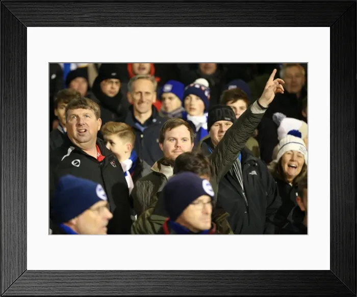 Framed Print : Brighton and Hove Albion Fans in Full Throat at Fulham Championship Match, December 2014 Framed Print : Brighton and Hove Albion Fans in Full Throat at Fulham Championship Match, December 2014