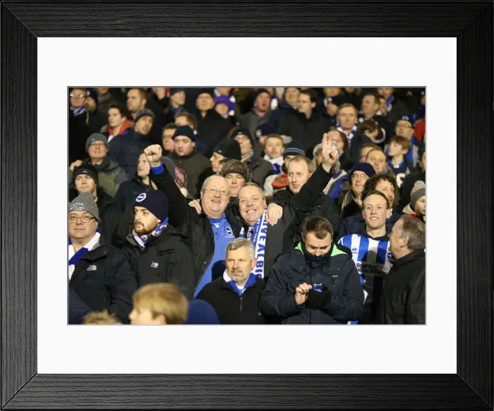 Framed Print : Brighton and Hove Albion Fans in Full Throat at Craven Cottage (2014) Framed Print : Brighton and Hove Albion Fans in Full Throat at Craven Cottage (2014)