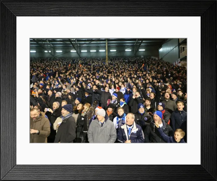 Framed Print : Brighton & Hove Albion Fans in Full Swing at Fulham's Craven Cottage (29DEC14)