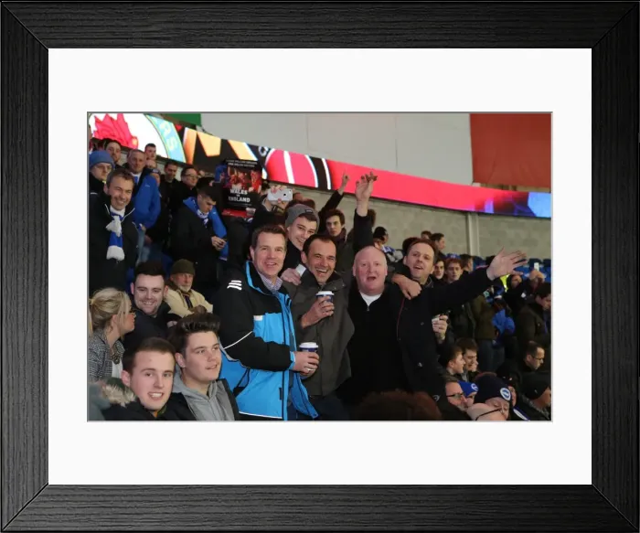 Framed Print : Brighton and Hove Albion Fans Energetic Display at Cardiff City Stadium, 10th February 2015 Framed Print : Brighton and Hove Albion Fans Energetic Display at Cardiff City Stadium, 10th February 2015
