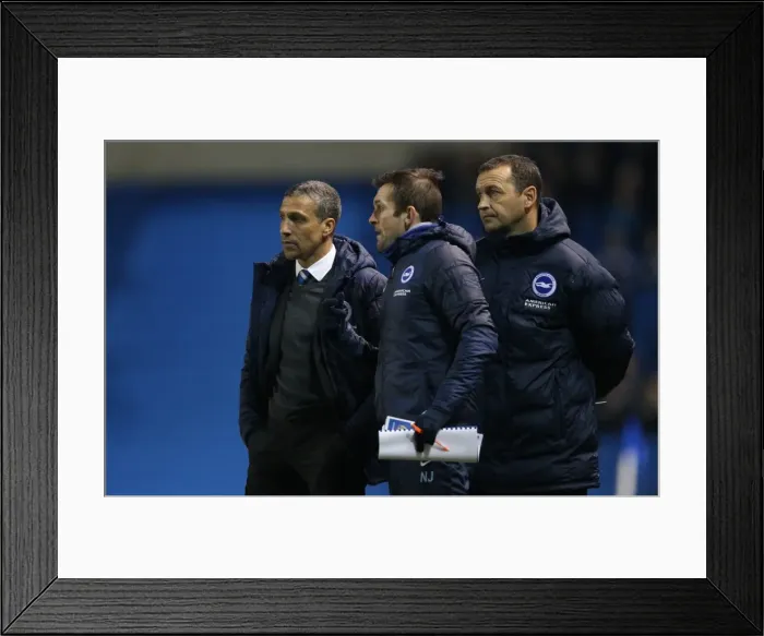 Framed Print : Chris Hughton and Brighton Assistants Nathan Jones and Colin Calderwood Strategize Against Leeds United, 24 February 2015 Framed Print : Chris Hughton and Brighton Assistants Nathan Jones and Colin Calderwood Strategize Against Leeds United, 24 February 2015