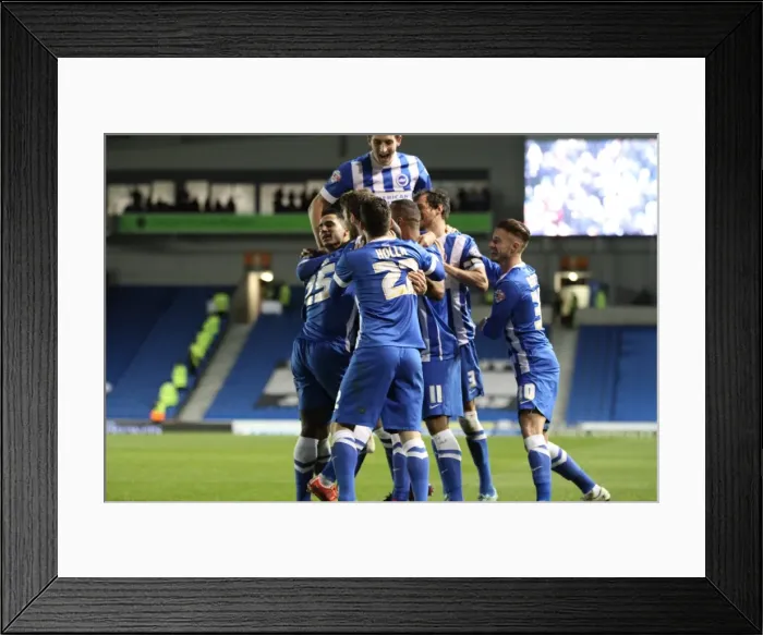 Framed Print : Brighton and Hove Albion: Dale Stephens Scores and Celebrates with Team against Derby County (March 2015) Framed Print : Brighton and Hove Albion: Dale Stephens Scores and Celebrates with Team against Derby County (March 2015)