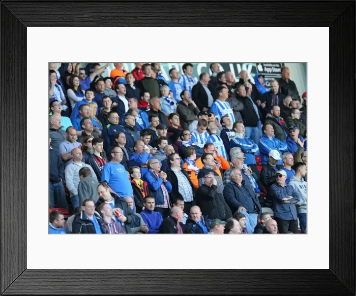 Framed Print : Brighton and Hove Albion Fans Passionate Support at Wigan Athletic Championship Match, April 2015