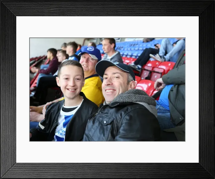 Framed Print : Brighton and Hove Albion Fans in Full Throat at Wigan Athletic Championship Clash, April 2015 Framed Print : Brighton and Hove Albion Fans in Full Throat at Wigan Athletic Championship Clash, April 2015