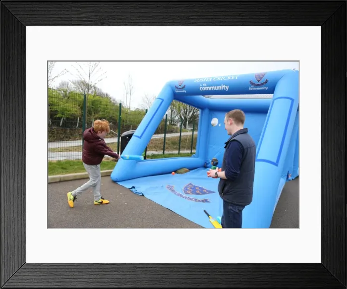 Framed Print : Brighton & Hove Albion: Sharky and Tymal Mills Engage in Cricket Break During Sky Bet Championship Match vs. Watford (25APR15) Framed Print : Brighton & Hove Albion: Sharky and Tymal Mills Engage in Cricket Break During Sky Bet Championship Match vs. Watford (25APR15)