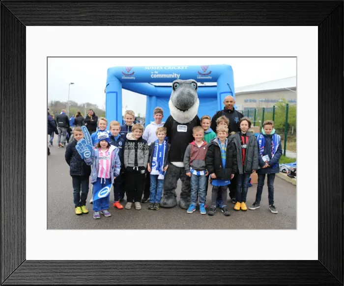 Framed Print : Cricket Interlude: Tymal Mills and Sharky Amuse Fans during Brighton & Hove Albion vs. Watford Championship Match (25APR15) Framed Print : Cricket Interlude: Tymal Mills and Sharky Amuse Fans during Brighton & Hove Albion vs. Watford Championship Match (25APR15)