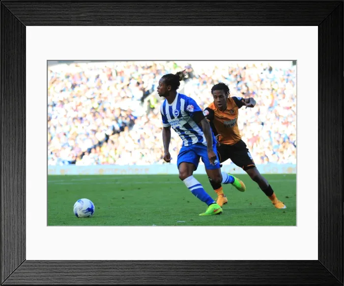 Framed Print : Gaetan Bong Outruns Abel Hernandez in Intense Championship Clash: Brighton & Hove Albion vs Hull City (12th September 2015)