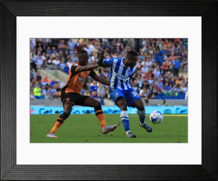 Framed Print : Brighton & Hove Albion vs. Hull City: Kazenga LuaLua Defends Against Moses Odubajo in Sky Bet Championship Showdown (September 12, 2015)