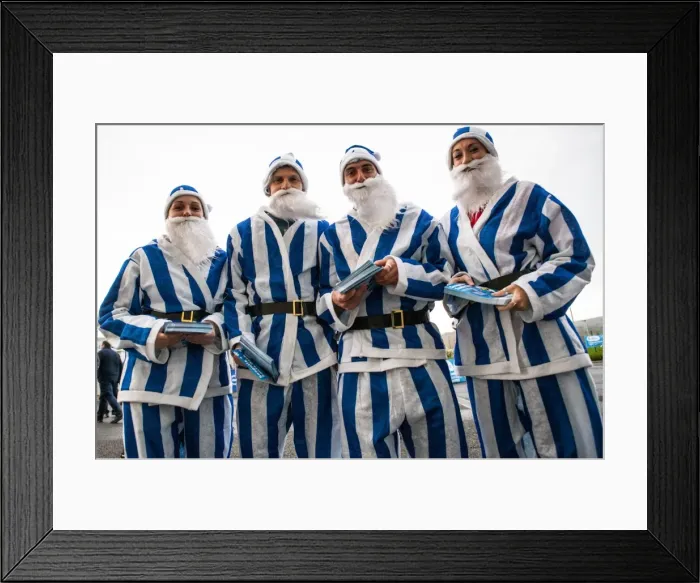 Framed Print : Brighton and Hove Albion: Santa Run Santa Clauses in Action during Middlesbrough Match, American Express Community Stadium, 19th December 2015 Framed Print : Brighton and Hove Albion: Santa Run Santa Clauses in Action during Middlesbrough Match, American Express Community Stadium, 19th December 2015