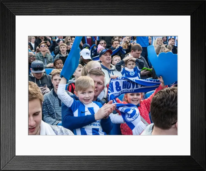 Framed Print : Brighton and Hove Albion Fans in Full Throat at the American Express Community Stadium during the Sky Bet Championship Match vs Burnley (April 2016) Framed Print : Brighton and Hove Albion Fans in Full Throat at the American Express Community Stadium during the Sky Bet Championship Match vs Burnley (April 2016)