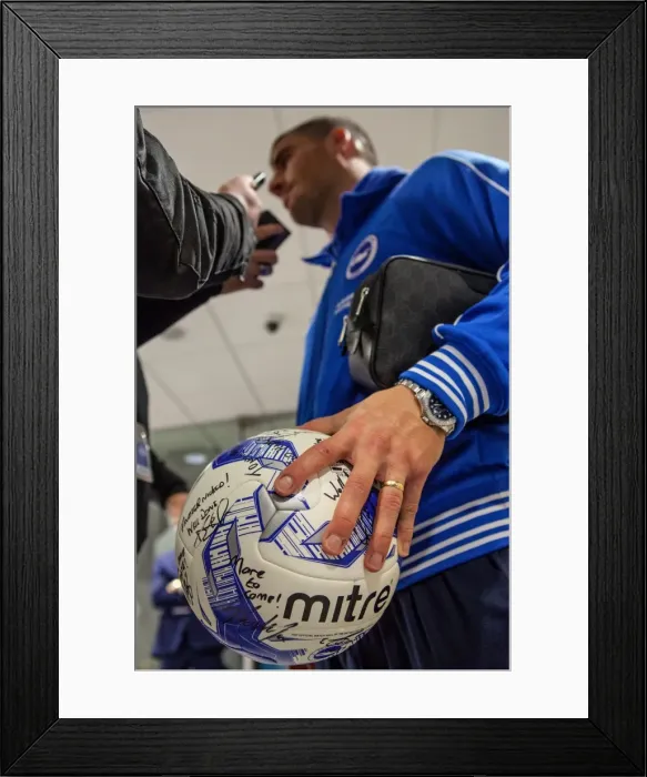 Framed Print : Brighton's Tomer Hemed Celebrates Championship Victory Over Fulham with Match Ball and Media Framed Print : Brighton's Tomer Hemed Celebrates Championship Victory Over Fulham with Match Ball and Media