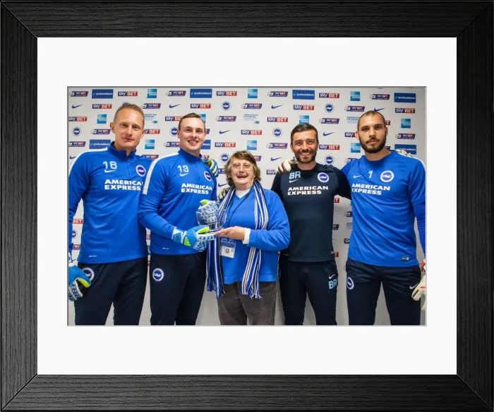 Framed Print : Brighton and Hove Albion: David Stockdale Honored with Coach Travellers Player of the Season Award vs. Derby County (02 / 05 / 2016) Framed Print : Brighton and Hove Albion: David Stockdale Honored with Coach Travellers Player of the Season Award vs. Derby County (02 / 05 / 2016)