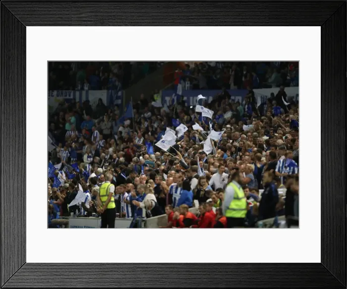 Framed Print : Brighton and Hove Albion vs. Nottingham Forest: Seafront Showdown - Fans Unite with Flags at the American Express Community Stadium (12th August 2016) Framed Print : Brighton and Hove Albion vs. Nottingham Forest: Seafront Showdown - Fans Unite with Flags at the American Express Community Stadium (12th August 2016)