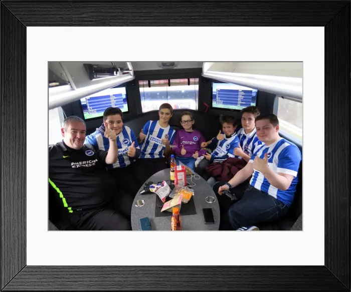 Framed Print : Brighton & Hove Albion's Sky Bet 10 in 10 Bus Journey: Fans and Liam Rosenior Heading to Birmingham City Game (17DEC16)