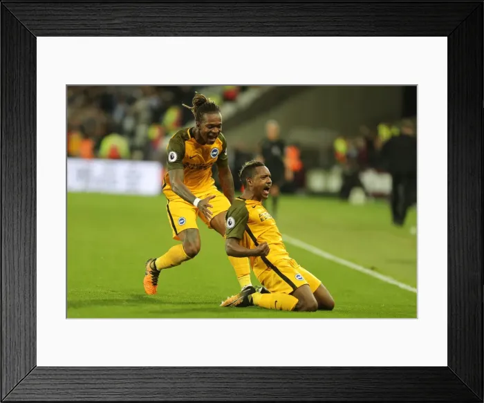 Framed Print : Brighton and Hove Albion's Jose Izquierdo and Gaetan Bong Celebrate 2-0 Goal Against West Ham United (Premier League 2017) Framed Print : Brighton and Hove Albion's Jose Izquierdo and Gaetan Bong Celebrate 2-0 Goal Against West Ham United (Premier League 2017)