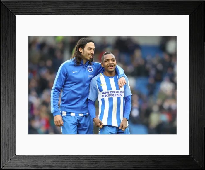 Framed Print : Brighton and Hove Albion's Ezequiel Schelotto and Jose Izquierdo Celebrate Victory over Arsenal (04MAR18)