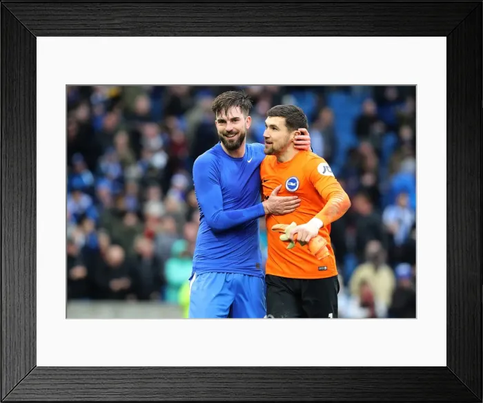 Framed Print : Brighton and Hove Albion's Historic Premier League Victory: Propper and Ryan Celebrate Over Arsenal (04MAR18)