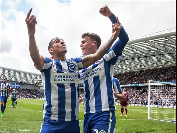 Solly March Scores and Celebrates with Knockaert: Brighton & Hove Albion's 2-0 Lead over Wigan Athletic (17APR17)