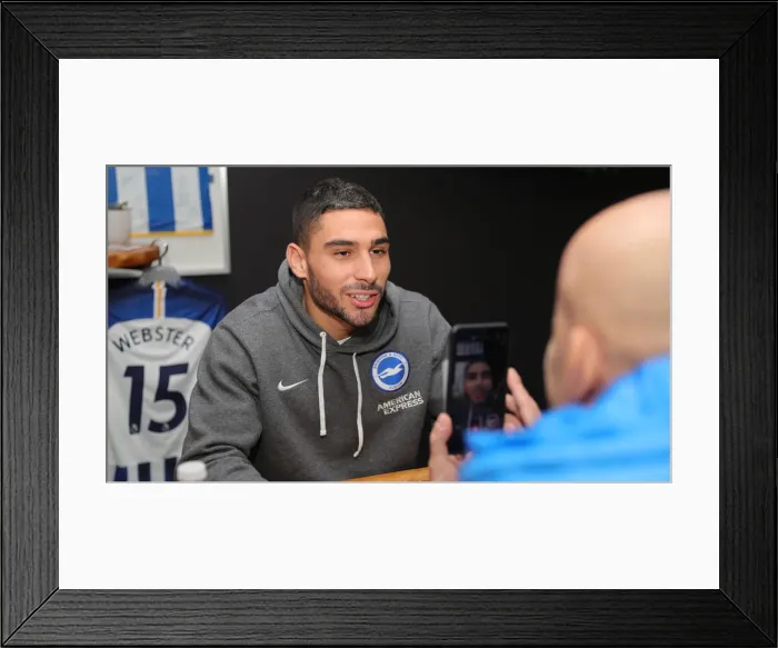 Framed Print : Brighton & Hove Albion FC: 2019 / 20 Season - Player Signing Session with Neal Maupay, Dale Stephens, Aaron Connolly, and Adam Webster at Amex Stadium