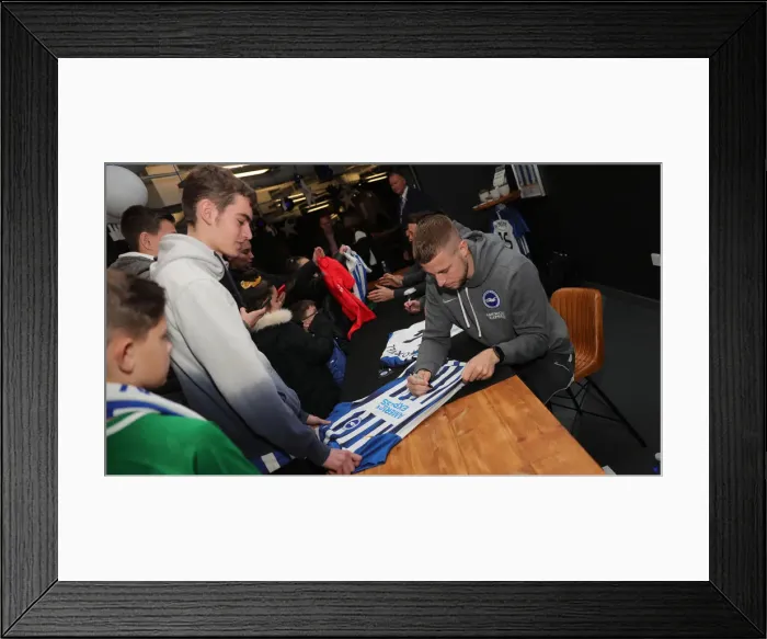 Framed Print : Brighton & Hove Albion FC: 2019 / 20 Season - Player Signing Session with Neal Maupay, Dale Stephens, Aaron Connolly, and Adam Webster at Amex Stadium
