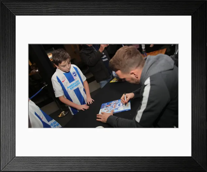 Framed Print : Brighton & Hove Albion FC: 2019 / 20 Season - Player Signing Session with Neal Maupay, Dale Stephens, Aaron Connolly, and Adam Webster at Amex Stadium
