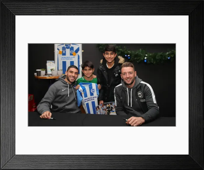 Framed Print : Brighton & Hove Albion FC: 2019 / 20 Season - Player Signing Session with Neal Maupay, Dale Stephens, Aaron Connolly, and Adam Webster at Amex Stadium