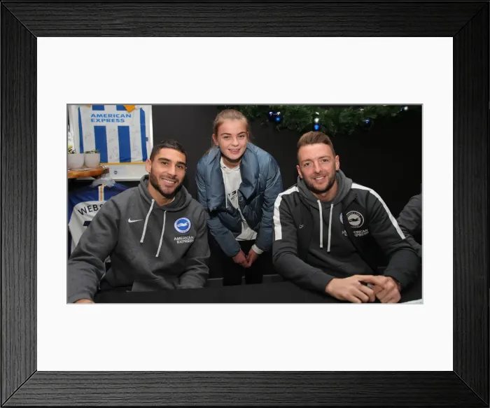 Framed Print : Brighton and Hove Albion FC: 2019 / 20 Season - Player Signing Session with Neal Maupay, Dale Stephens, Aaron Connolly, and Adam Webster at Amex Stadium