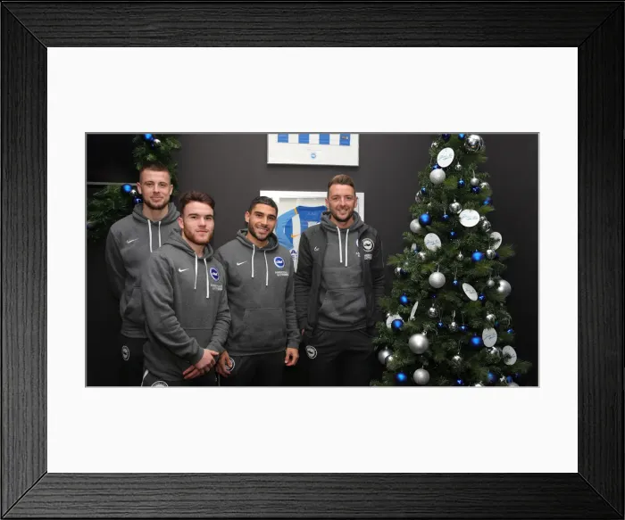 Framed Print : Brighton & Hove Albion FC: 2019 / 20 Season - Neal Maupay, Dale Stephens, Aaron Connolly, and Adam Webster Sign Autographs at Amex Stadium
