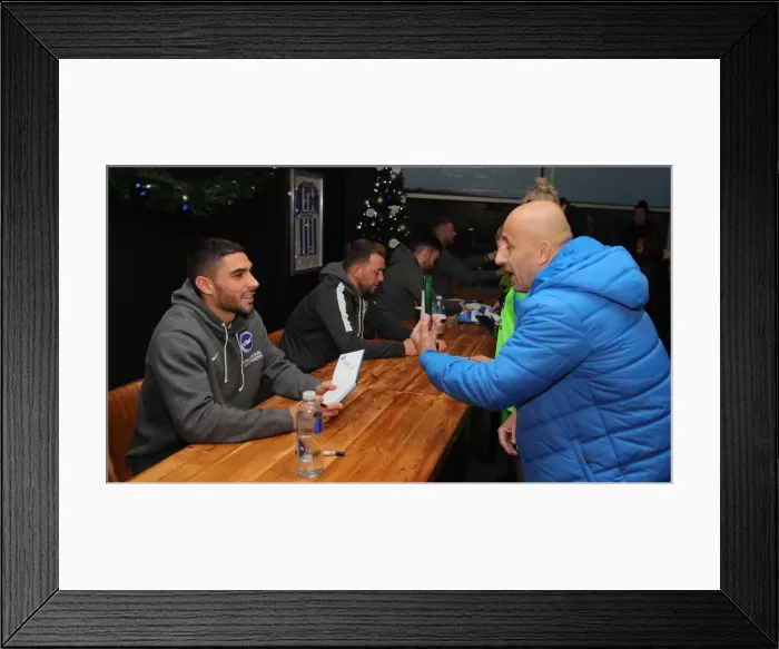 Framed Print : 2019 / 20 Season: Brighton & Hove Albion FC Players Neal Maupay, Dale Stephens, Aaron Connolly, and Adam Webster Sign Autographs at Amex Stadium