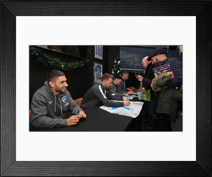 Framed Print : Brighton & Hove Albion FC: 2019 / 20 Season - Player Signing Session with Neal Maupay, Dale Stephens, Aaron Connolly, and Adam Webster at Amex Stadium