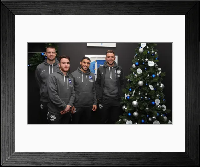 Framed Print : Brighton & Hove Albion FC: 2019 / 20 Season - Player Signing Session with Neal Maupay, Dale Stephens, Aaron Connolly, and Adam Webster at Amex Stadium