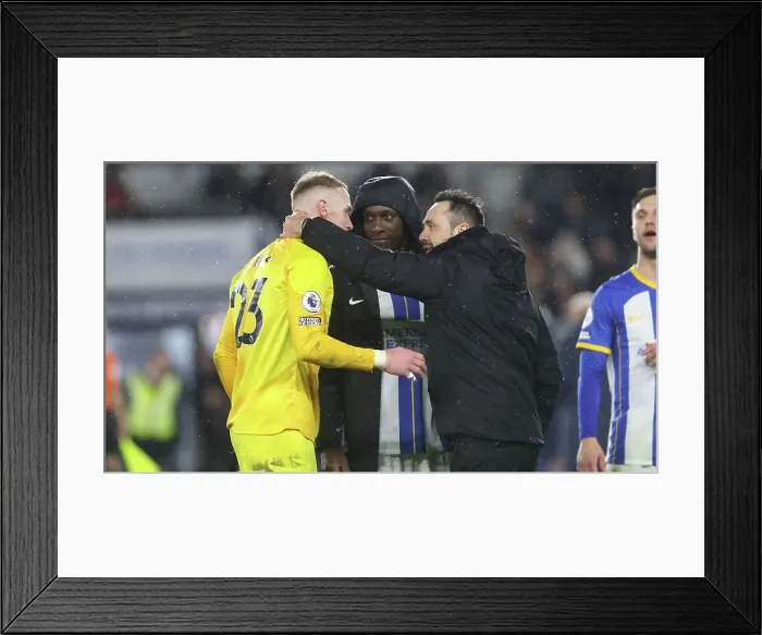Framed Print : Brighton and Hove Albion's Roberto de Zerbi Celebrates with Jason Steele at the Final Whistle vs. Crystal Palace (15MAR23) Framed Print : Brighton and Hove Albion's Roberto de Zerbi Celebrates with Jason Steele at the Final Whistle vs. Crystal Palace (15MAR23)