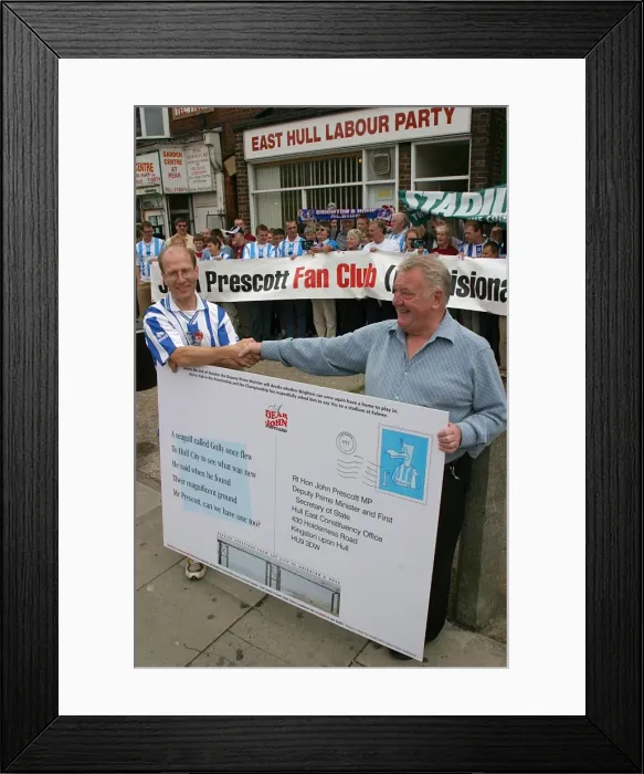 Framed Print : Tim Carder's Footballing Support: Delivering a Giant Postcard to East Hull Labour Party Framed Print : Tim Carder's Footballing Support: Delivering a Giant Postcard to East Hull Labour Party