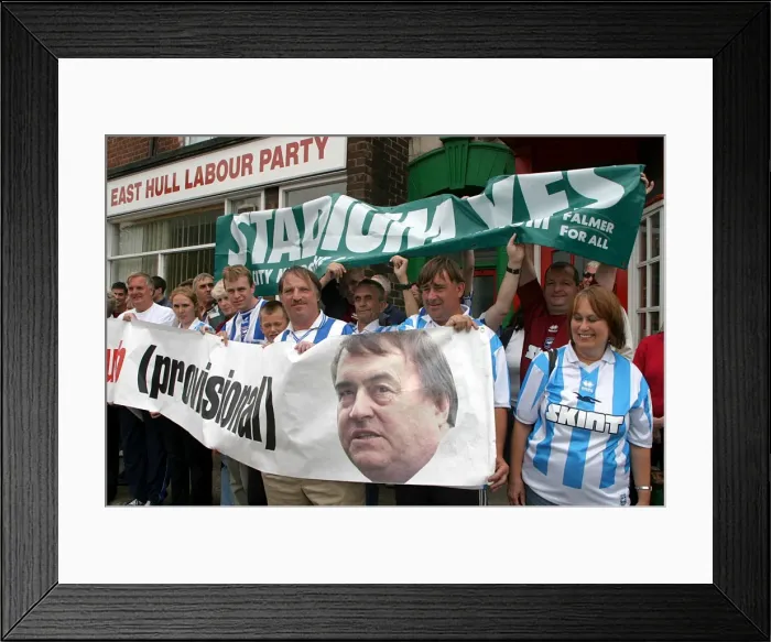 Framed Print : Albion fans with giant banner outside East Hull labour party office Framed Print : Albion fans with giant banner outside East Hull labour party office