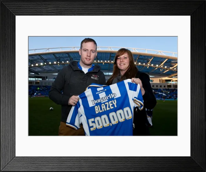 Framed Print : Brighton & Hove Albion FC: Celebrating Milestone Moment with Fan No. 500, 000 - Craig Blazey and His Sister Framed Print : Brighton & Hove Albion FC: Celebrating Milestone Moment with Fan No. 500, 000 - Craig Blazey and His Sister