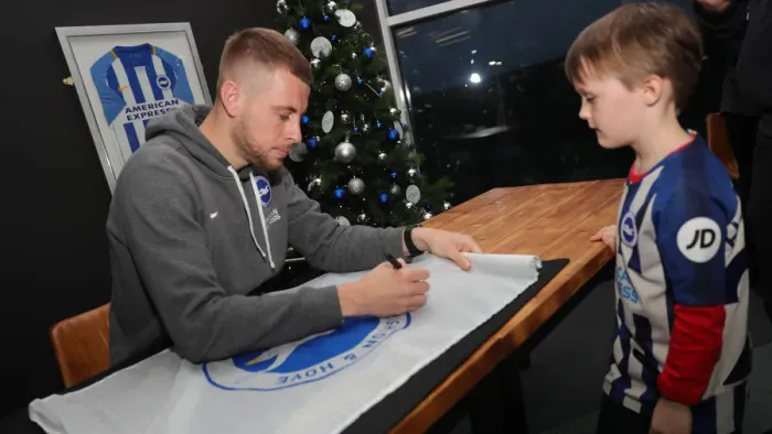 Framed Print : 2019 / 20 Brighton & Hove Albion FC Player Signing Session with Neal Maupay, Dale Stephens, Aaron Connolly, and Adam Webster at Amex Stadium