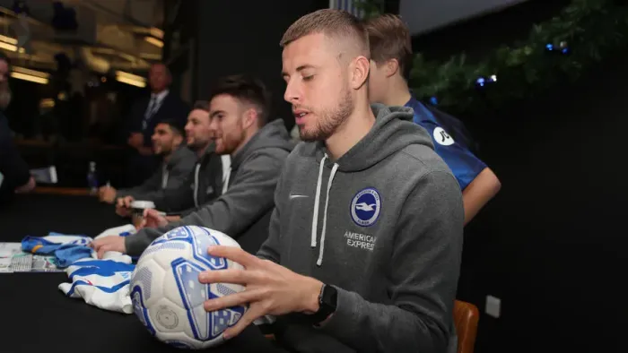 Framed Print : 2019 / 20 Season: Brighton & Hove Albion FC Player Signing Session with Neal Maupay, Dale Stephens, Aaron Connolly, and Adam Webster at Amex Stadium