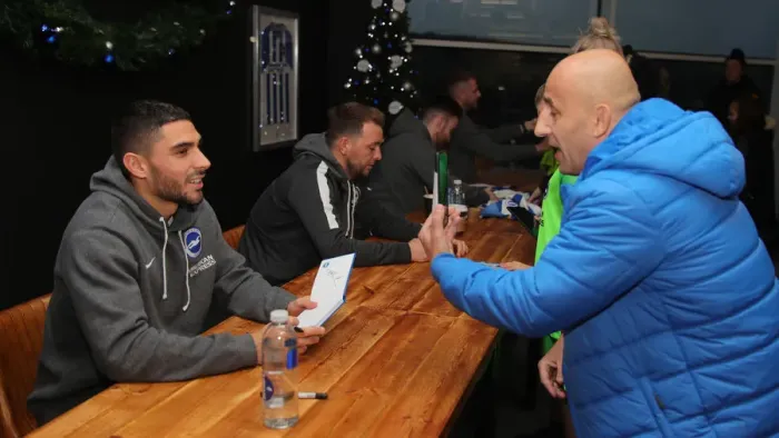 Framed Print : 2019 / 20 Season: Brighton & Hove Albion FC Players Neal Maupay, Dale Stephens, Aaron Connolly, and Adam Webster Sign Autographs at Amex Stadium