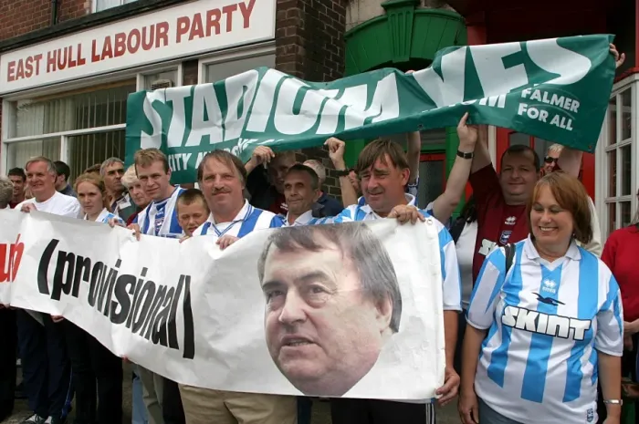 Framed Print : Albion fans with giant banner outside East Hull labour party office Framed Print : Albion fans with giant banner outside East Hull labour party office