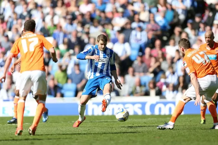 Framed Print : Andrea Orlandi Scores the Game-winning Goal: Brighton & Hove Albion vs Blackpool (April 20, 2013)