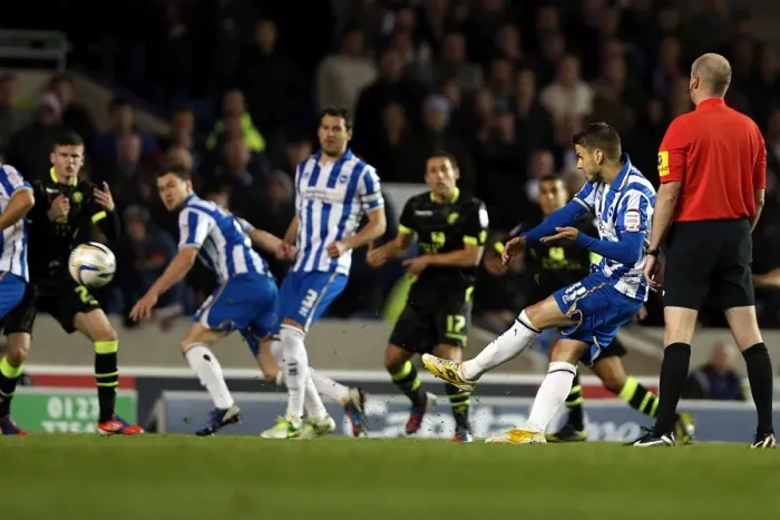 Framed Print : Andrea Orlandi Shoots Against Leeds United in Npower Championship Match at Amex Stadium (November 2, 2012) Framed Print : Andrea Orlandi Shoots Against Leeds United in Npower Championship Match at Amex Stadium (November 2, 2012)