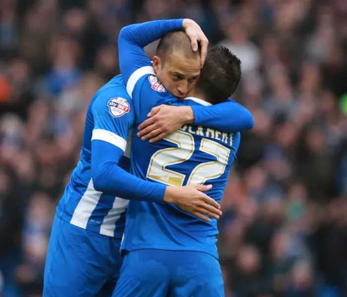 Framed Print : Brighton and Hove Albion: Bobby Zamora and Anthony Knockaert Celebrate Goal vs. Huddersfield Town (Sky Bet Championship, 23rd January 2016)