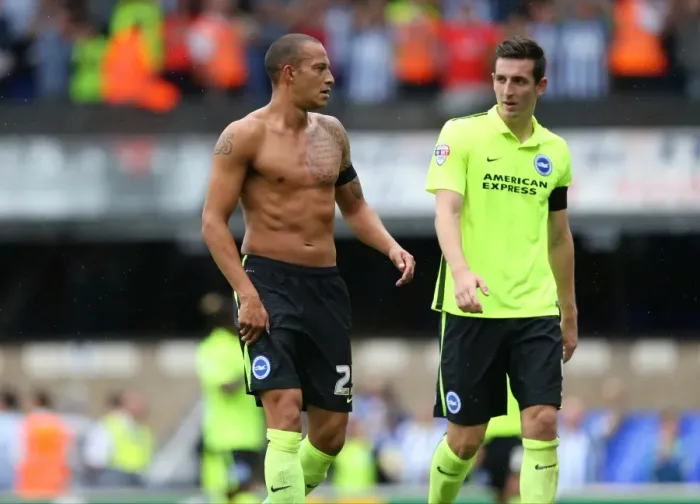 Framed Print : Brighton and Hove Albion: Bobby Zamora and Lewis Dunk Part Ways at the Final Whistle of Ipswich Town Clash (August 28, 2015)
