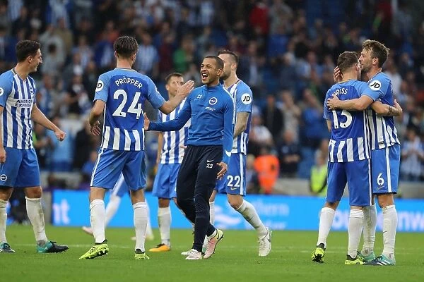 Brighton and Hove Albion Celebrate Victory: Liam Rosenior Rejoices with Team-mates vs. Newcastle United (August 12, 2017)