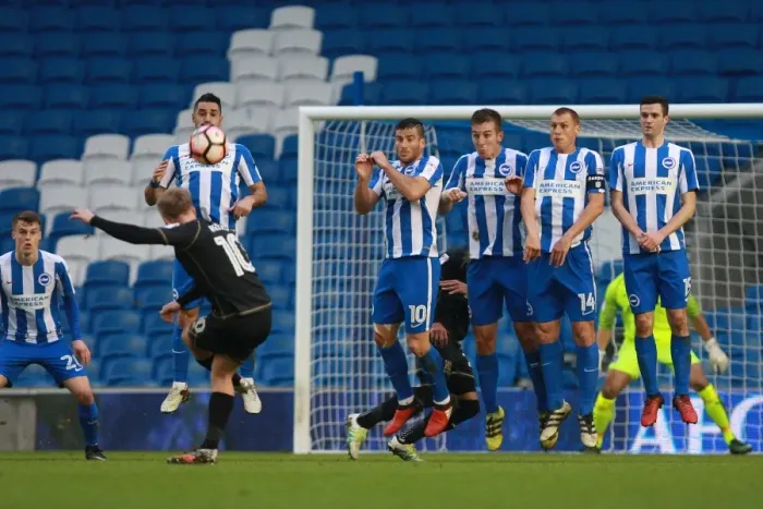 Framed Print : Brighton and Hove Albion Defend Against Ben Reeves Free-Kick in FA Cup Clash vs. Milton Keynes Dons (07JAN17) Framed Print : Brighton and Hove Albion Defend Against Ben Reeves Free-Kick in FA Cup Clash vs. Milton Keynes Dons (07JAN17)