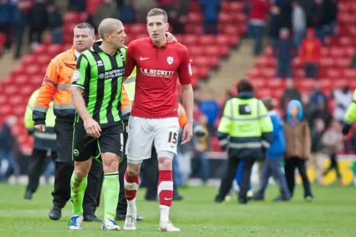 Framed Print : Brighton & Hove Albion: El-Abd and McNulty in Action against Barnsley (April 28, 2012) Framed Print : Brighton & Hove Albion: El-Abd and McNulty in Action against Barnsley (April 28, 2012)