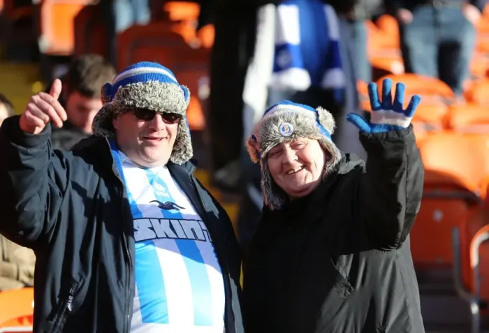 Framed Print : Brighton and Hove Albion Fans in Action: Sky Bet Championship Match vs Blackpool (31Jan15) at Bloomfield Road