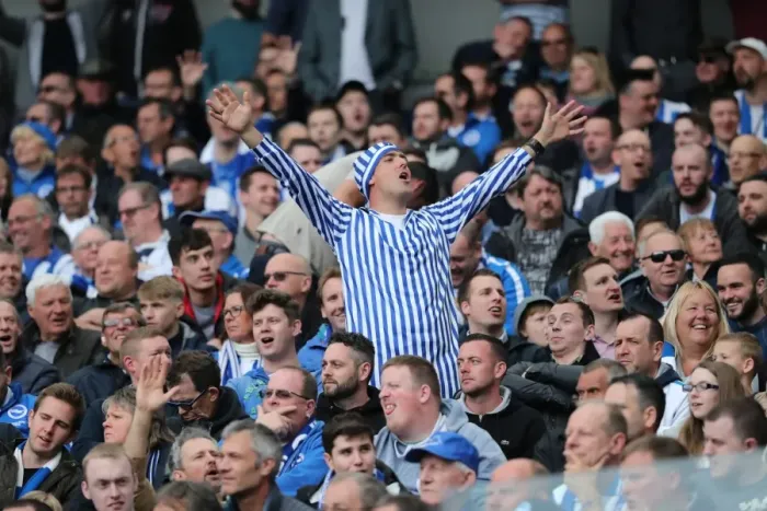 Framed Print : Brighton and Hove Albion Fans Celebrate at American Express Community Stadium during EFL Sky Bet Championship Match vs. Wigan Athletic (17APR17) Framed Print : Brighton and Hove Albion Fans Celebrate at American Express Community Stadium during EFL Sky Bet Championship Match vs. Wigan Athletic (17APR17)