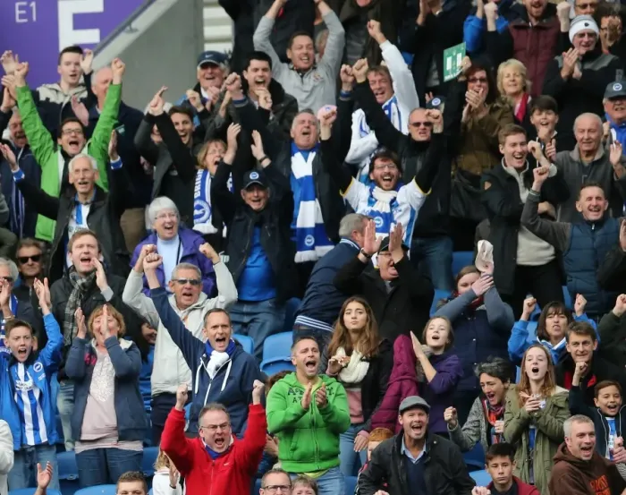 Framed Print : Brighton & Hove Albion Fans Celebrate at American Express Community Stadium during SkyBet Championship Match vs. Rotherham United (2014) Framed Print : Brighton & Hove Albion Fans Celebrate at American Express Community Stadium during SkyBet Championship Match vs. Rotherham United (2014)